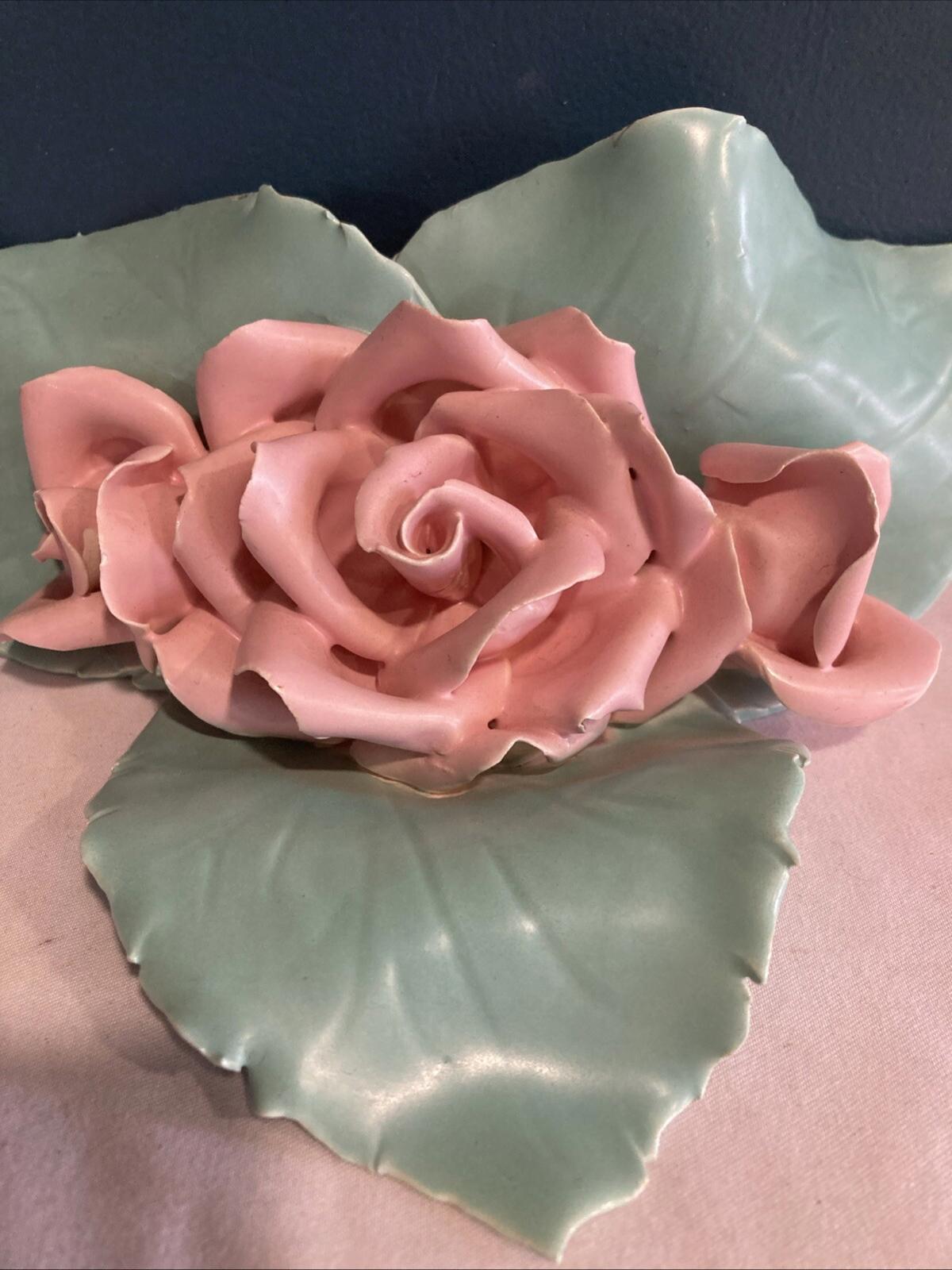 Vintage Porcelain Pink Rose Green Leaf Sculpture Centerpiece 8.4” Wide