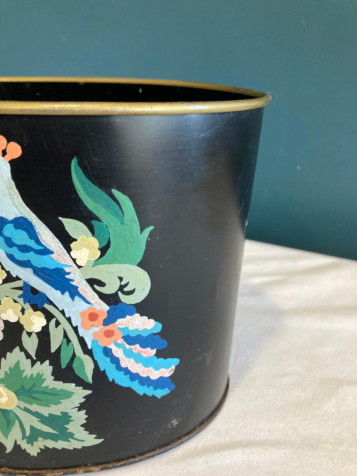 Vintage Toleware Small Oval Peacock Cachepot or Planter