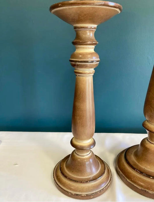 Turned Wood Candlesticks Pair | Rustic Farmhouse Candle Holders | Vintage Finds