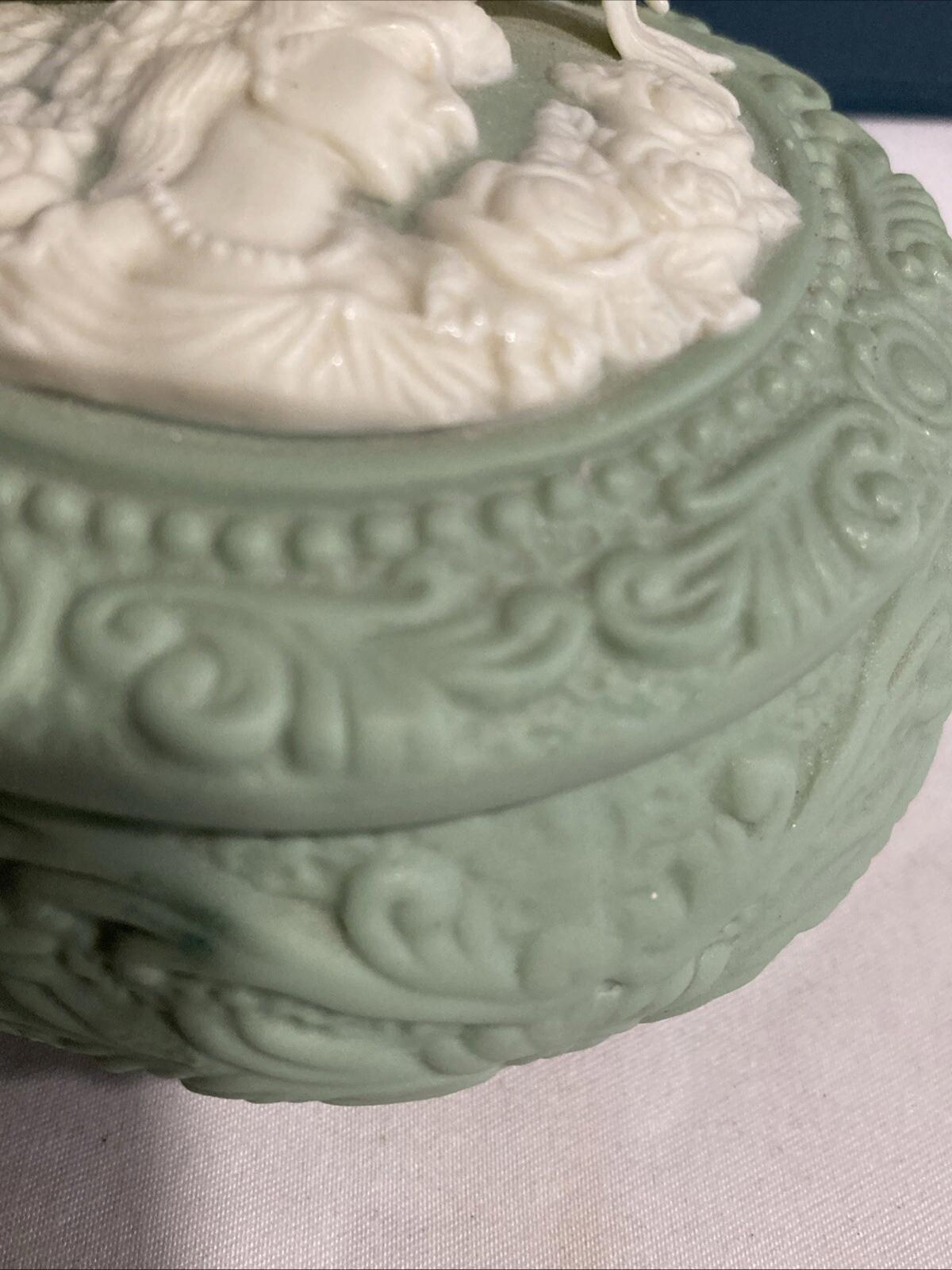 Vintage Victorian Lady Trinket Box, Sage Green & Ivory Footed Vanity Box with Roses, Shabby Chic Decor