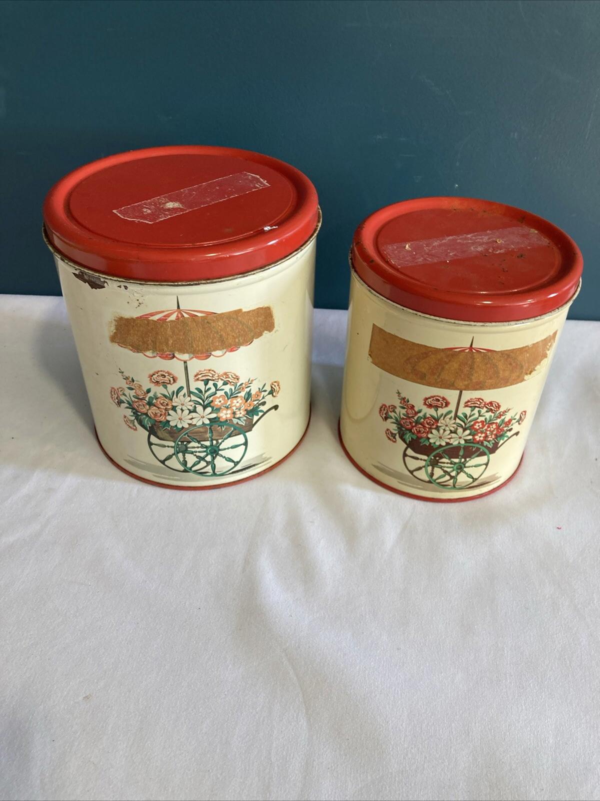 2 Vintage Nesting Decoware Tin Kitchen Storage Canisters Flower Cart Umbrella