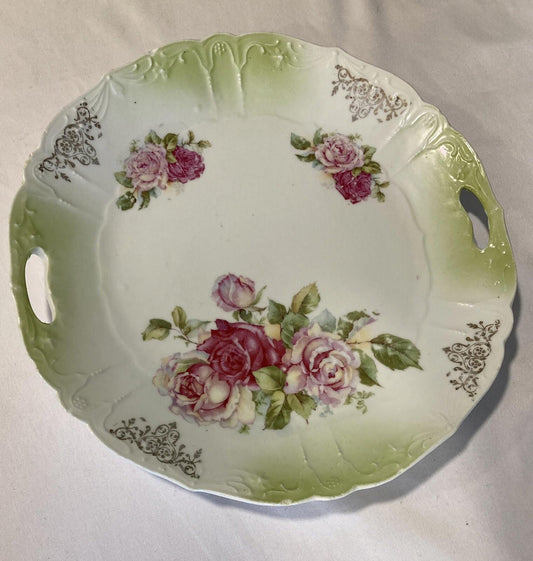 Antique Prussian Hand Painted  Pink and Green Dessert Plate with Handles