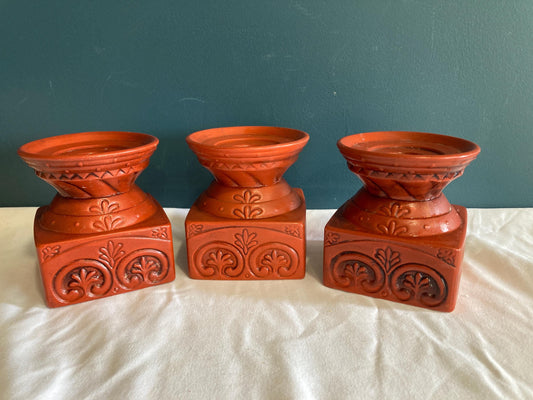 Vintage Brick Red Ceramic Candle Holder Stands, set of 3