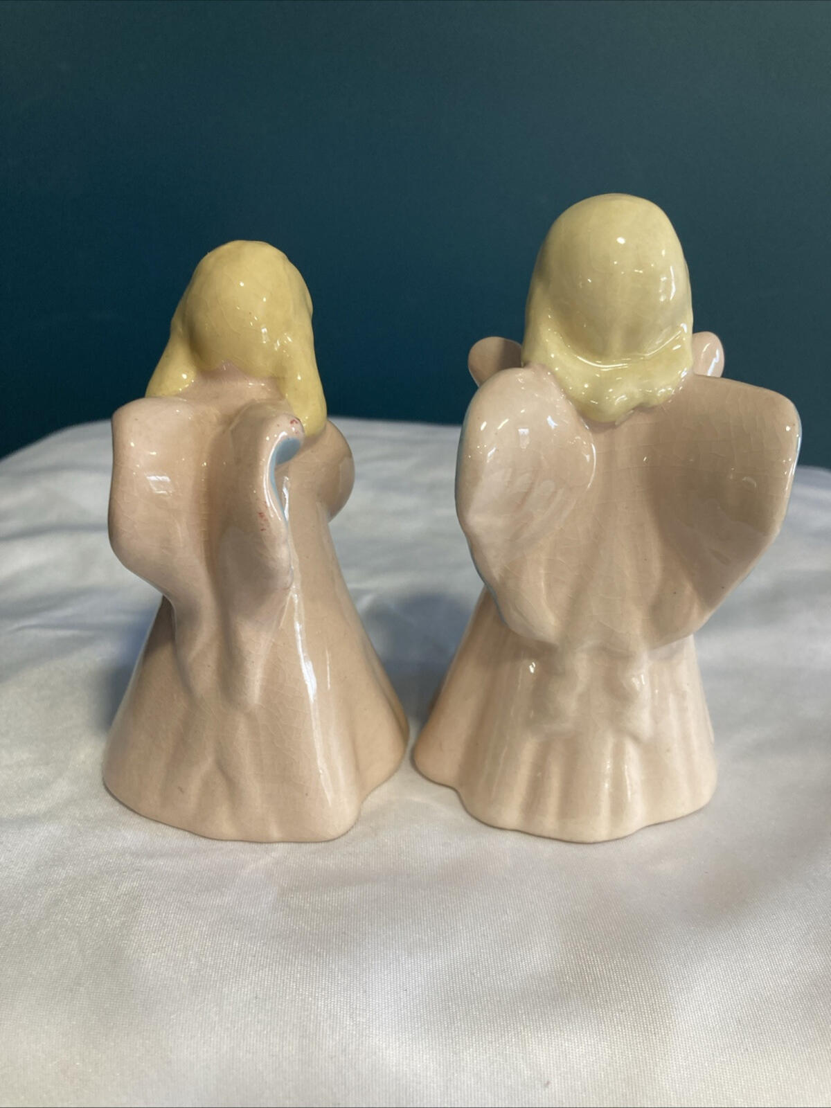 Vintage Kay Finch Praying Angel Figurines California Pottery Pink Blue Wings
