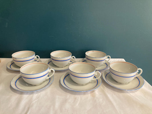 Vintage Orange & Blue Stripe Czechoslovakian Tea Cups, Set of 6