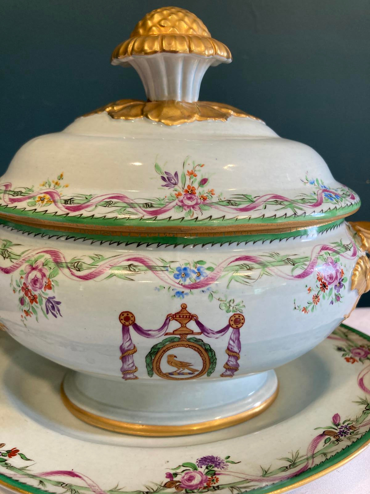 Mottahedeh Covered Tureen with Underplate and Gold Handles