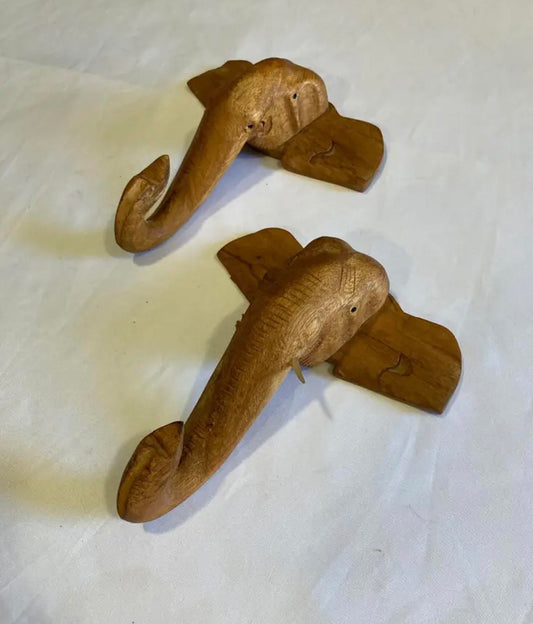 Pair of Hand Carved Wooden Elephant Wall Decor – Rustic Safari Decor