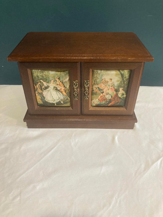 Vintage Wooden Music Jewelry Box with Romantic Scene Panels–Classic Vanity Decor