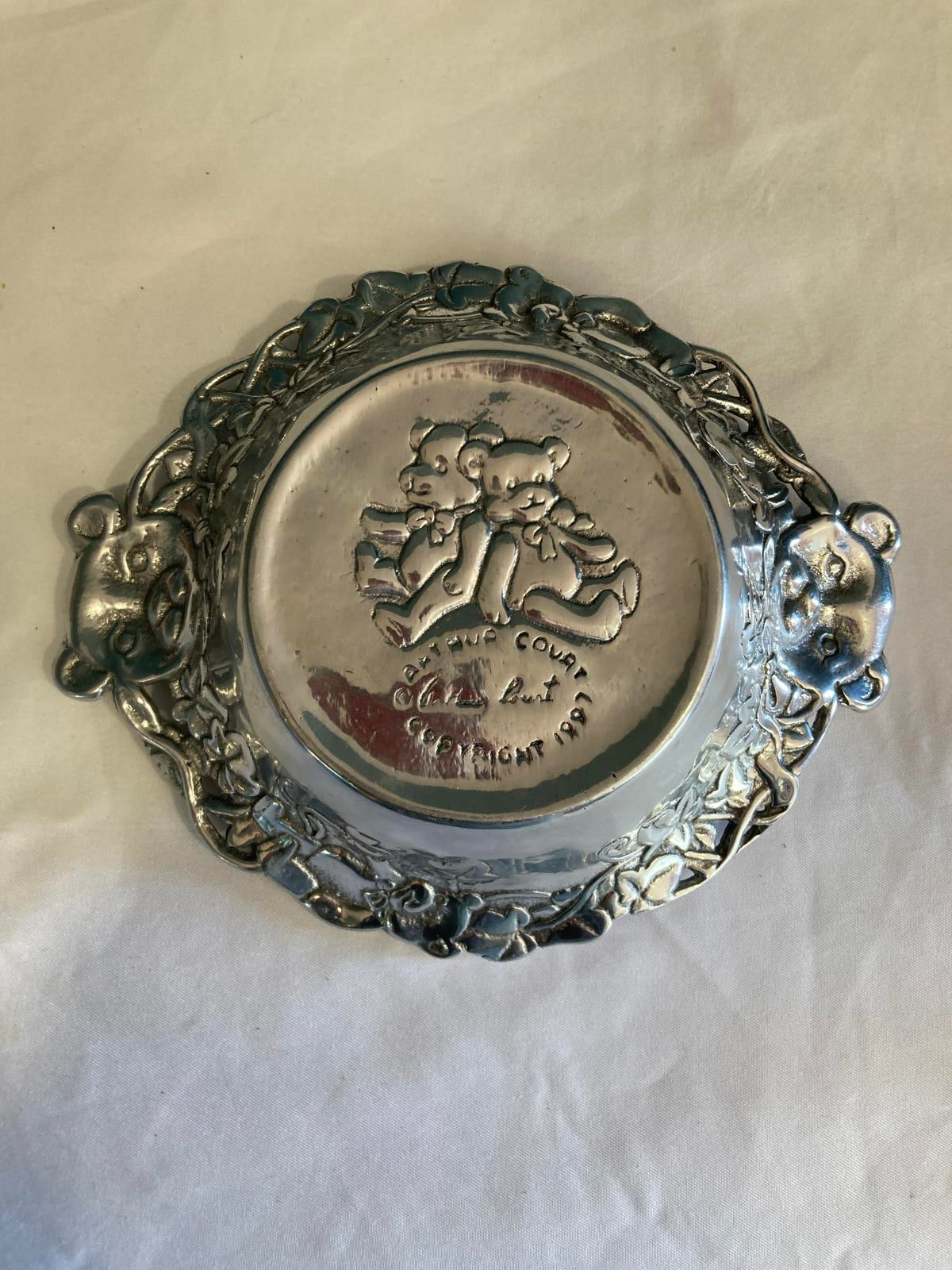 Arthur Court Teddy Bear Bowl Silver Aluminum Ornate Floral Rim