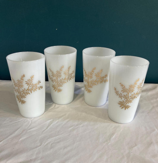 Vintage Milk Glass Tumblers with Gold Leaves, set of 4