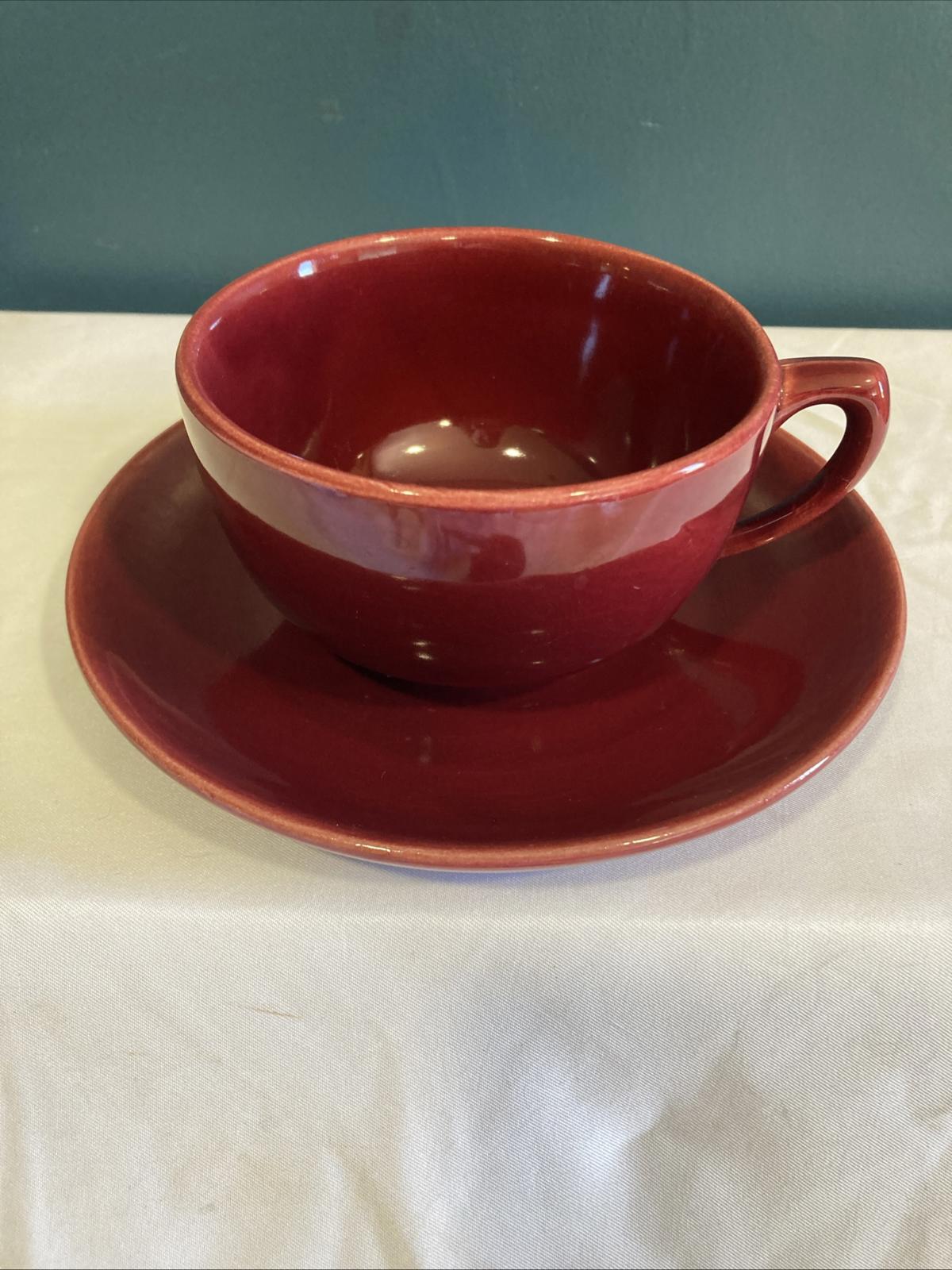Vintage Bauer Pottery Red Moderne Cup and Saucer Set Los Angeles