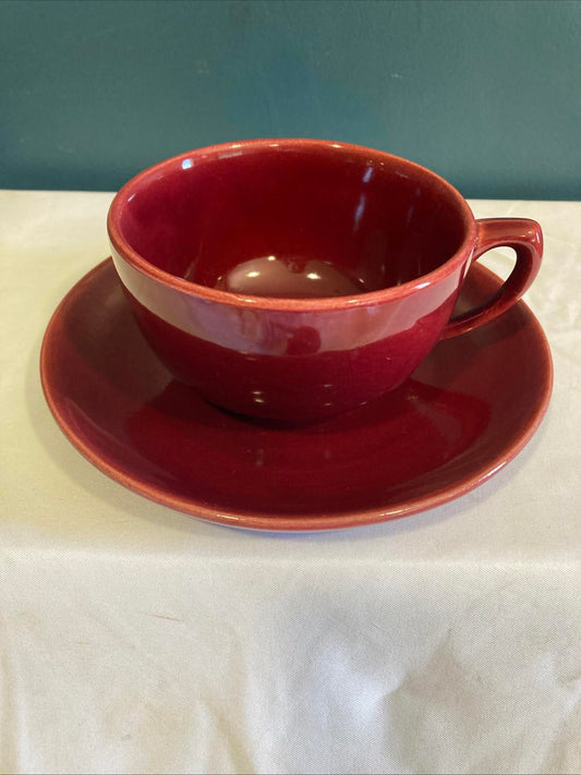 Vintage Bauer Pottery Red Moderne Cup and Saucer Set Los Angeles