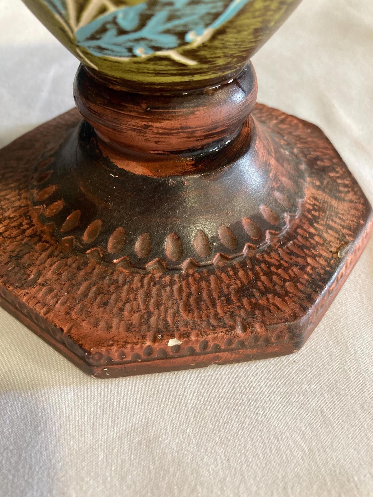 Vintage Hand-Painted Ceramic Candleholders – Brown with Green & Floral Design – Pair