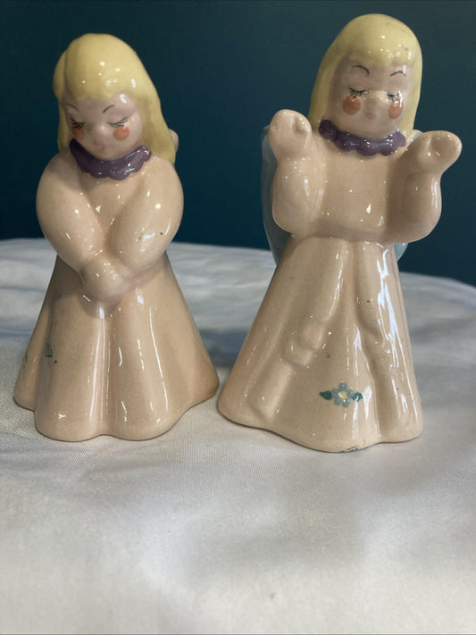 Vintage Kay Finch Praying Angel Figurines California Pottery Pink Blue Wings