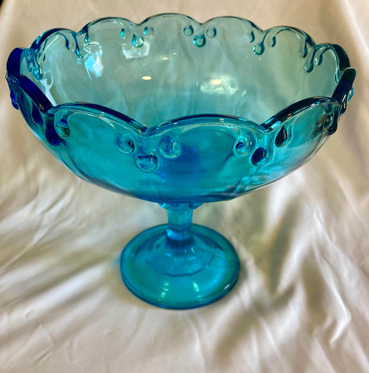 Vintage Blue Glass Compote Pedestal Bowl – Scalloped Edge