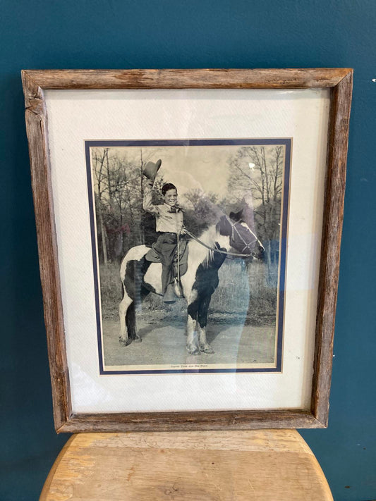 Framed Black and White Photo "Justin Tubb and His Pony" Rustic Decor