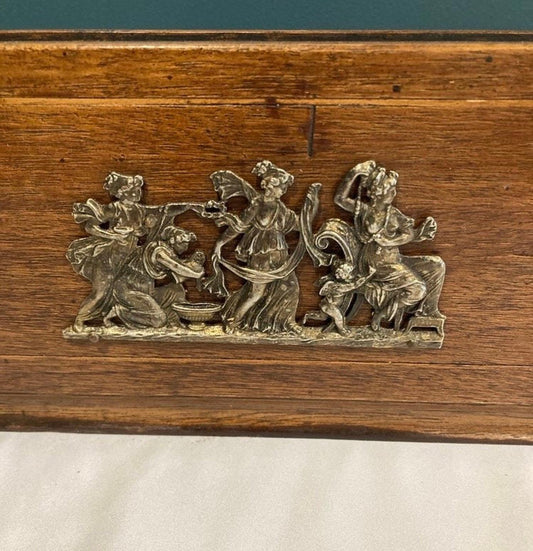 Vintage Wood Box With Brass Greek Scene