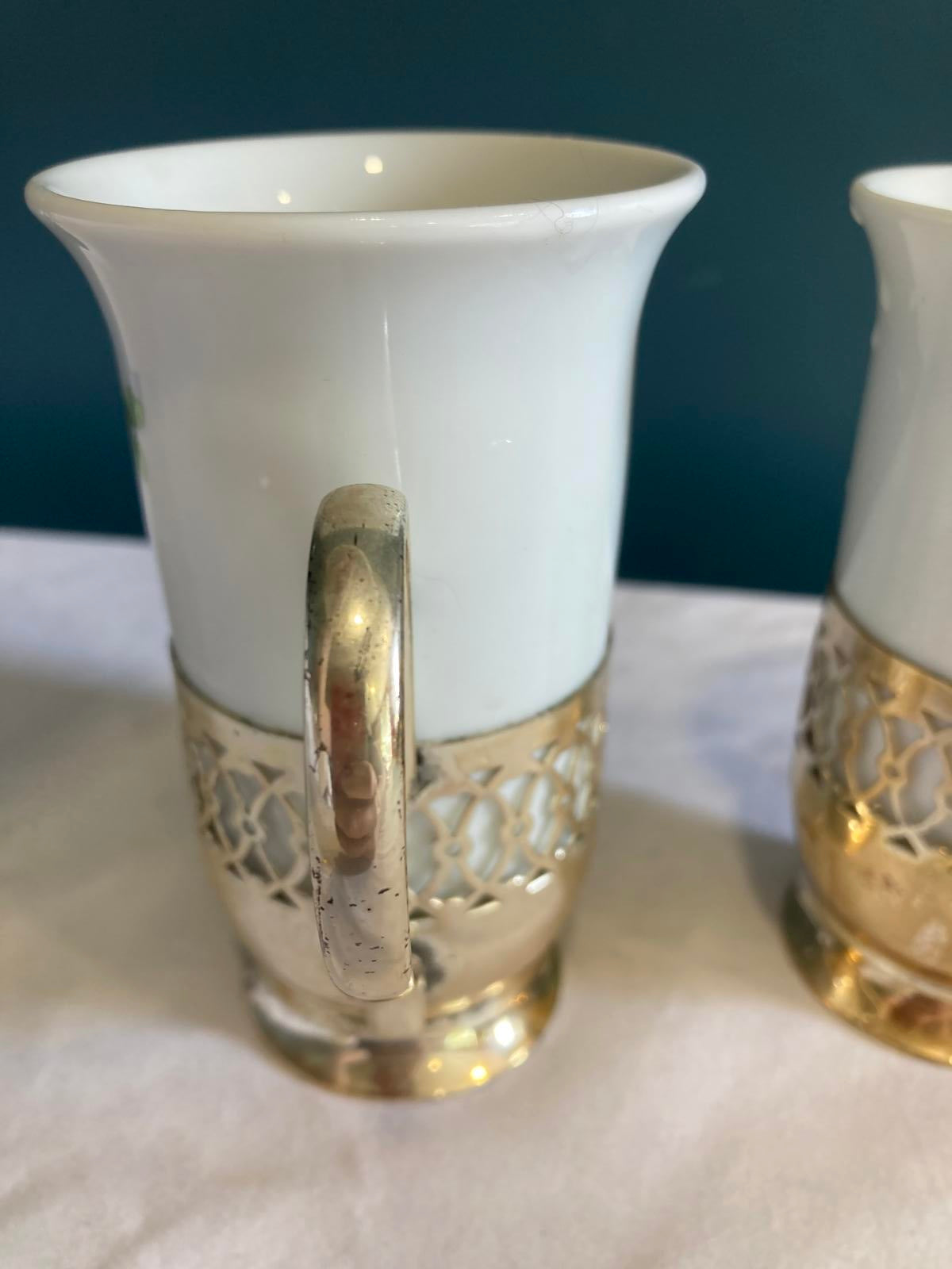 Vintage Shamrock Porcelain Mugs with Silver Holders, Irish Coffee Cups