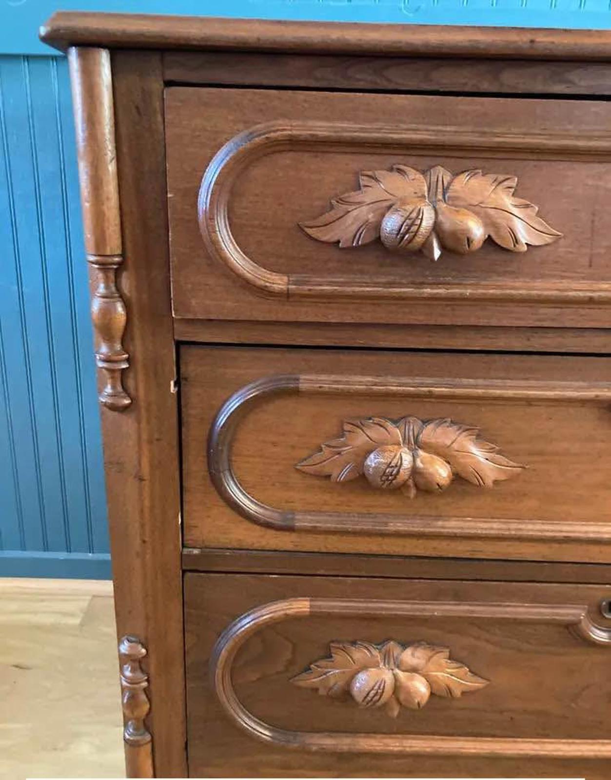 Antique Walnut Dresser with Acorn Carvings – 3 Drawer Chest