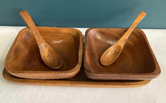 Midcentury Modern Solid Wood Condiment Bowls with Tray and Spoons