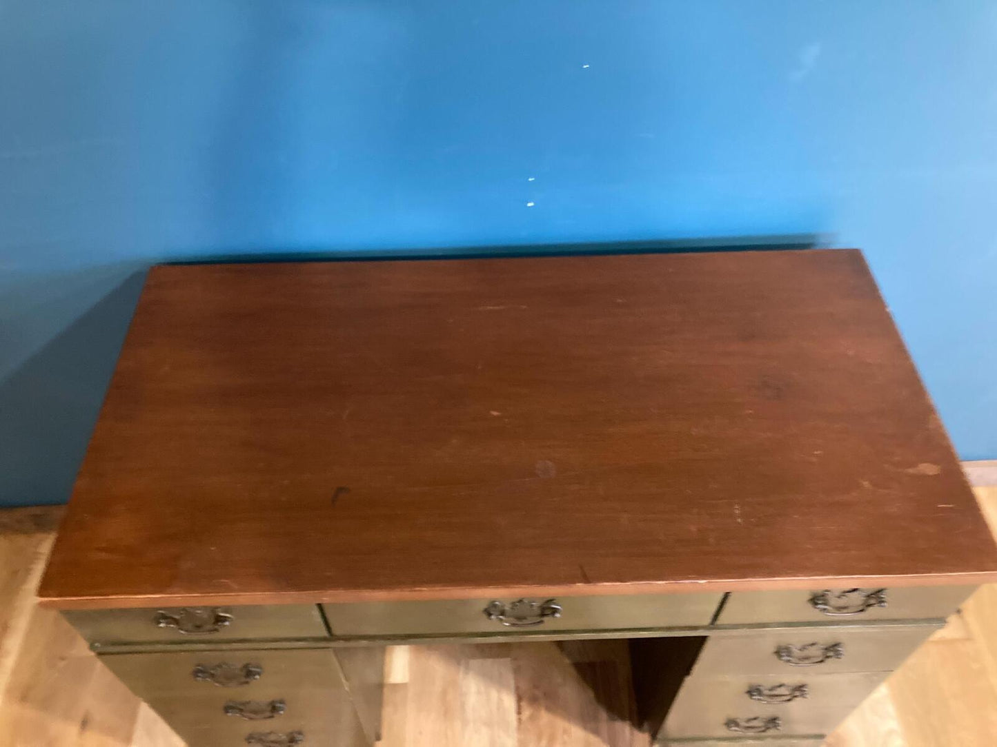 Mid Century Bassett Wooden Desk, Green Stained Solid Wood Desk, 7 Drawer Writing Desk, Vintage Office Furniture