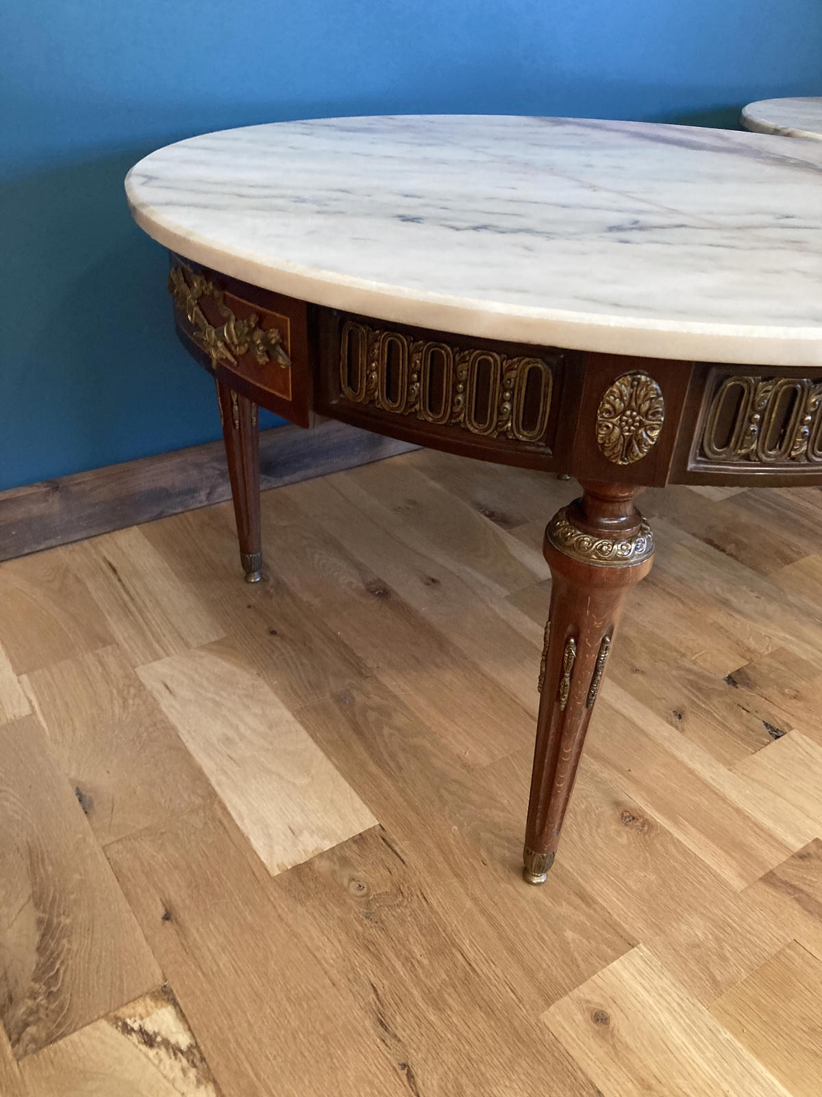 Antique Spanish Marble Topped 31.5" Round Side Table With Ornate Brass Accents