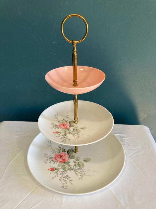 Mid-Century 3-Tiered Pink Roses Server With Brass Handle