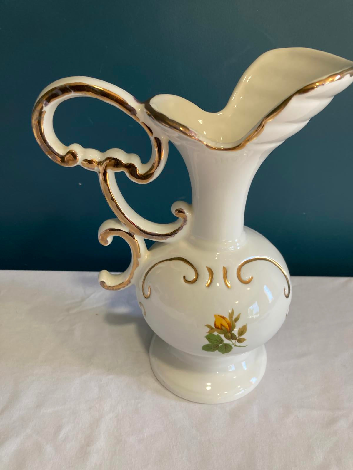 Porcelain Pitcher Vase with Gold Trim and Floral Design – Elegant Vintage Finds