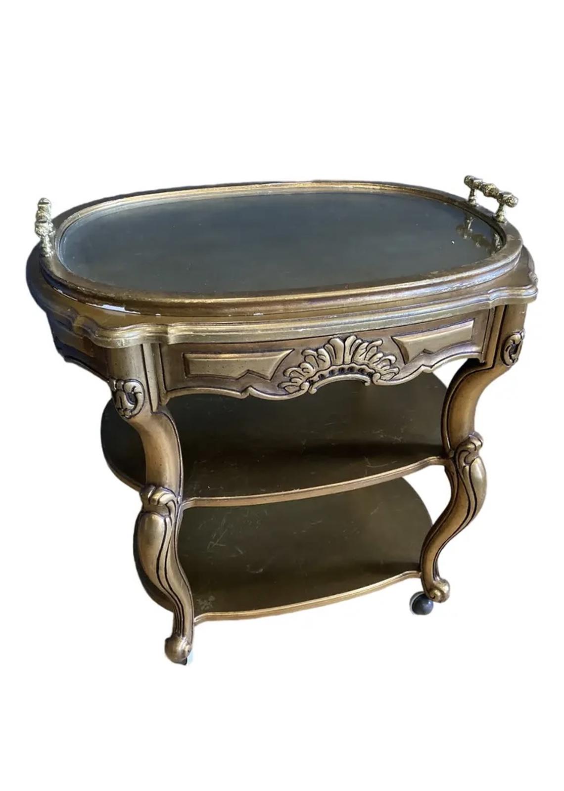 Mid-Century Hollywood Regency Gold Rolling Bar Cart With Lift Off Tray