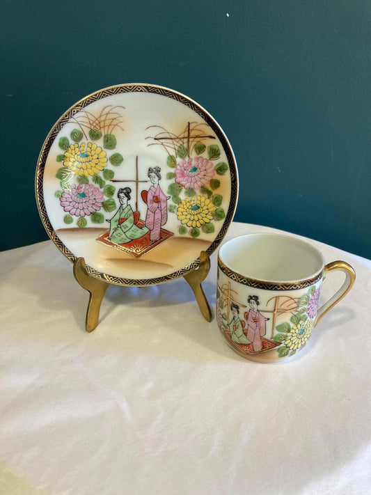 Japanese Lithophane Geishas in Kimonos Floral Bone China Tea Cup & Saucer Set