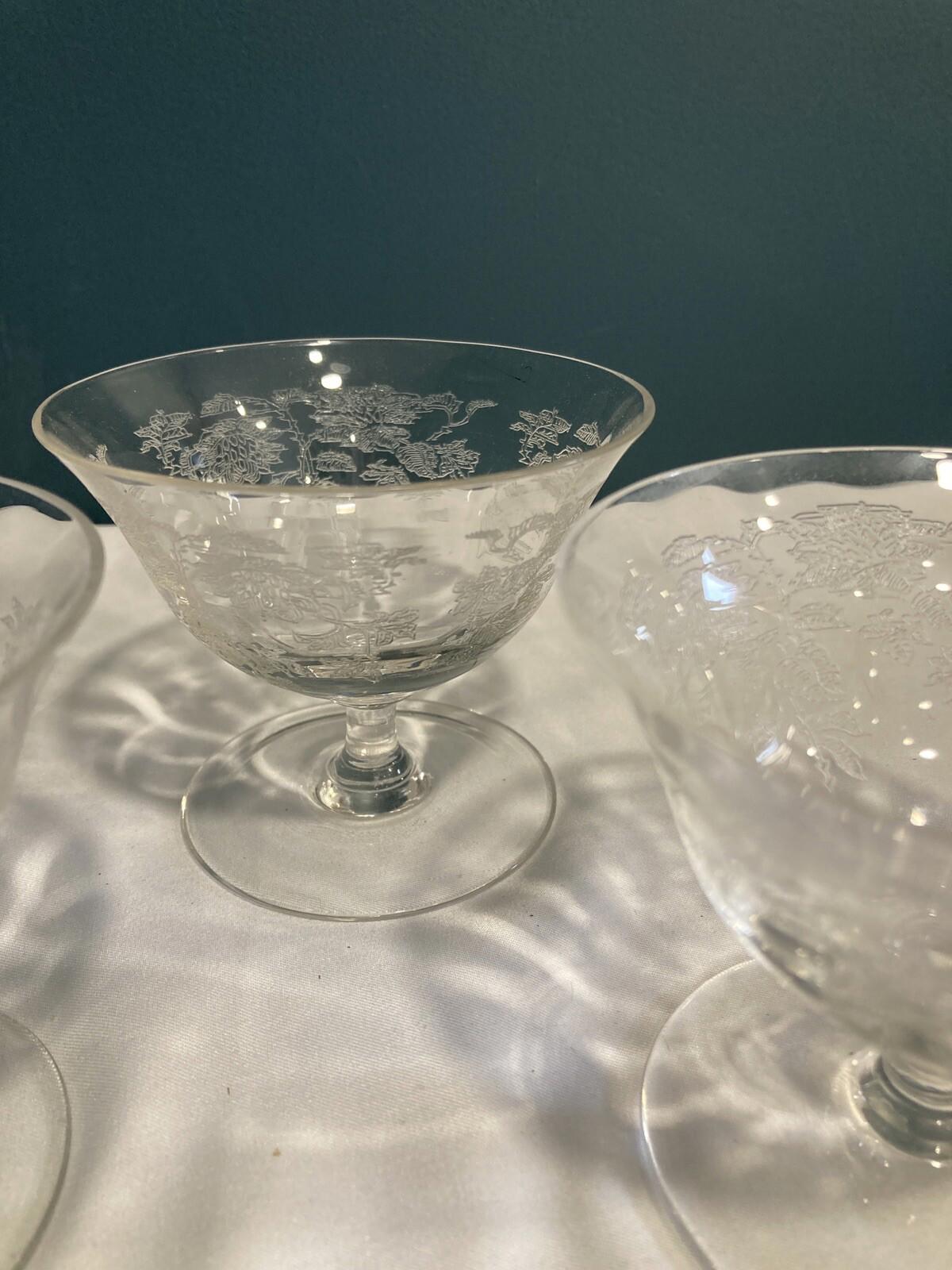 Tiffin Etched Rose Sherbet Dessert Dish, Set of 3, Vintage Floral Dish