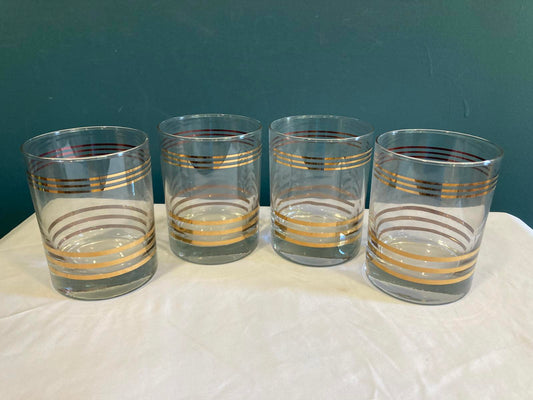 Vintage Gold Striped Lowball Glasses – Set of 4