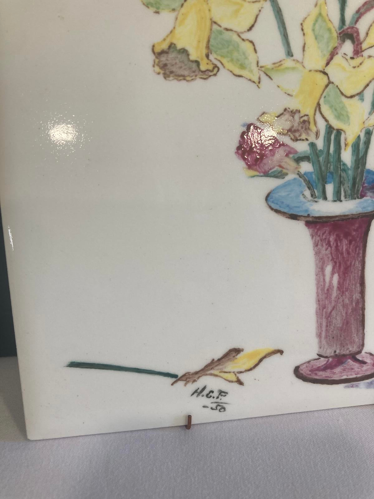 Hand Painted Floral Ceramic Tile 1950– Daffodils & Carnations Wall Art