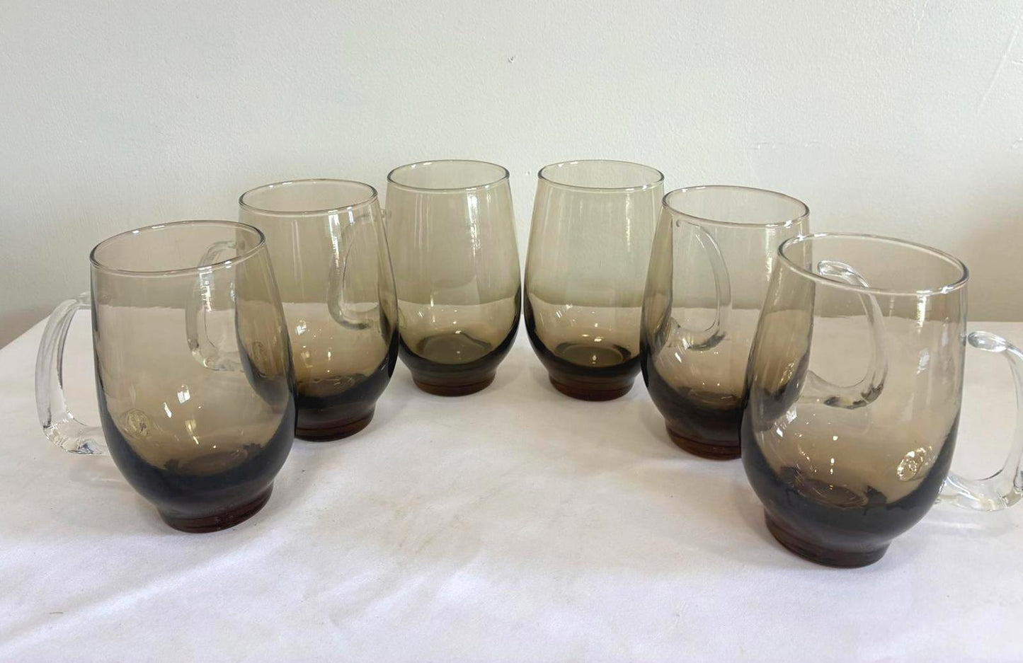 Libbey Tempo Smoked Glass Mugs Set of 6, 1970s Brown Ombre Cups, MCM Barware