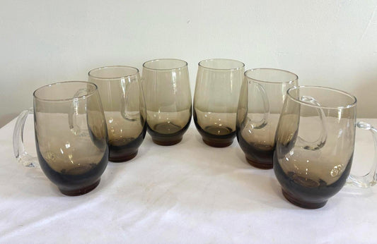 Libbey Tempo Smoked Glass Mugs Set of 6, 1970s Brown Ombre Cups, MCM Barware