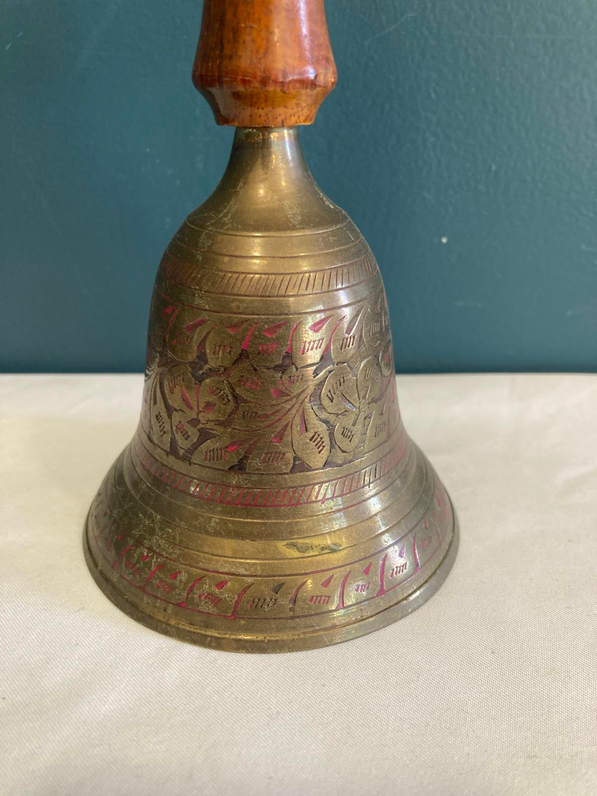Vintage Brass Bell with Wood Handle | Etched Floral Design Dinner School Bell