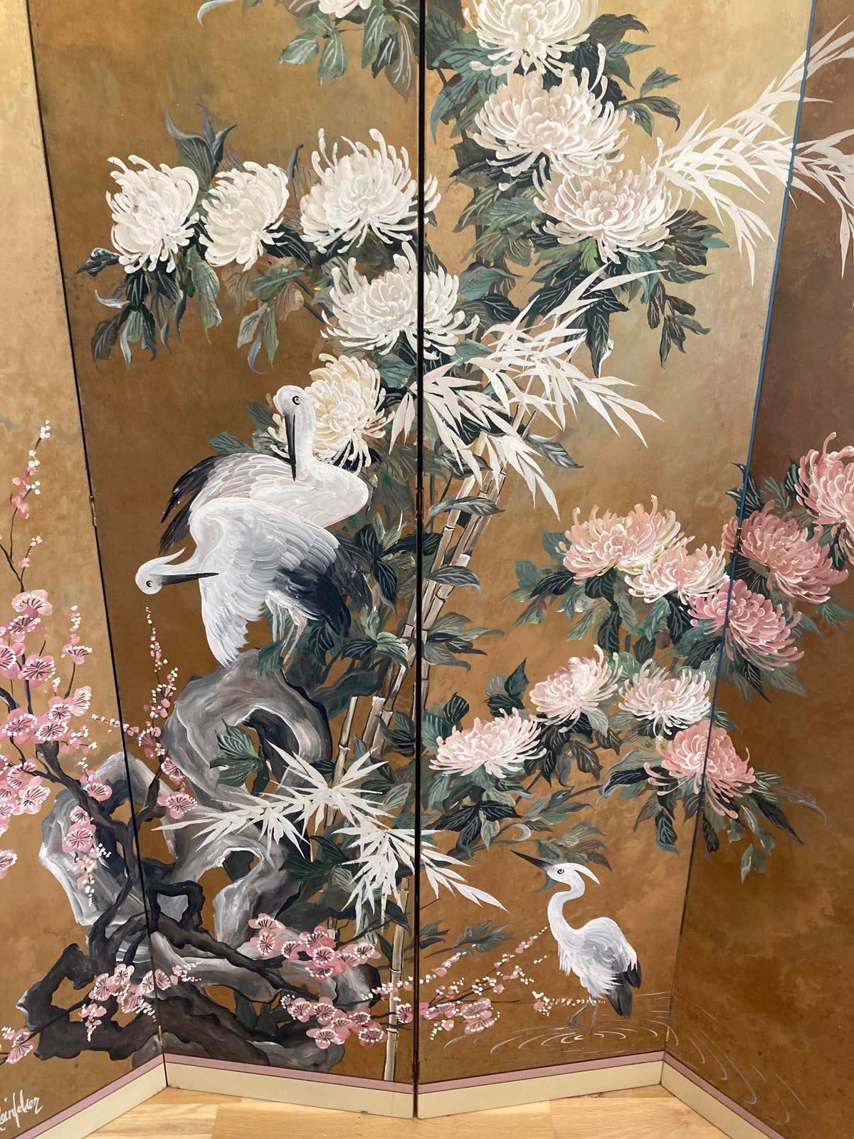Midcentury Lucien Leinfelder Hand Painted Wood Four-Panel Asian Screen