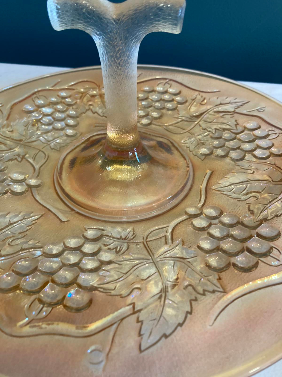 Vintage Amber Glass Cake Stand with Grape Design