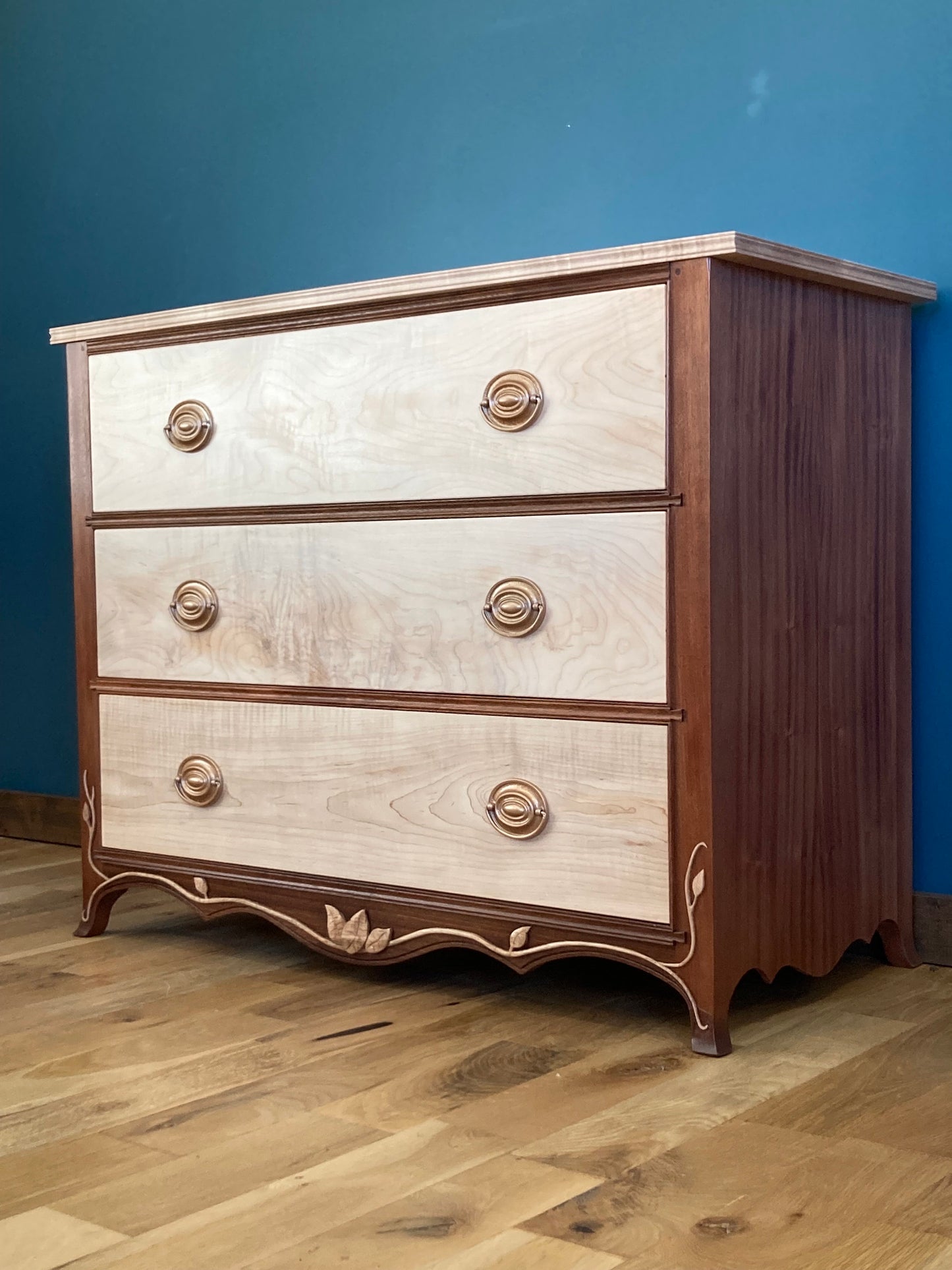 Handcrafted Mahogany & Maple 3-Drawer Dresser with Hand Carved Leaves