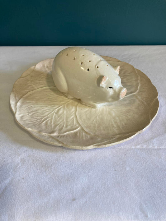 Vintage Ceramic Pig Canapé Holder on Leaf Dish