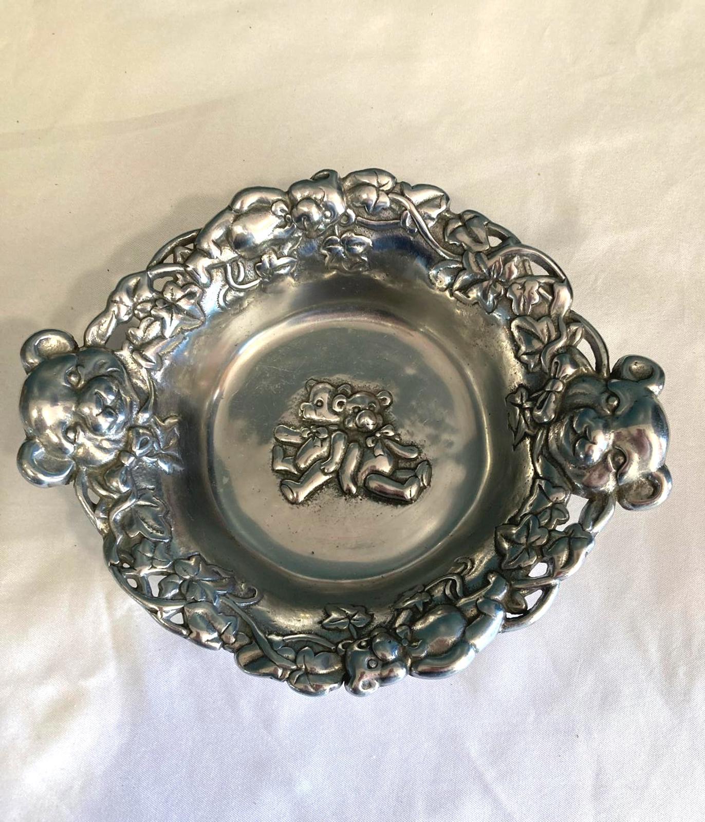 Arthur Court Teddy Bear Bowl Silver Aluminum Ornate Floral Rim