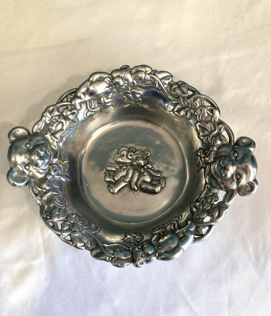 Arthur Court Teddy Bear Bowl Silver Aluminum Ornate Floral Rim