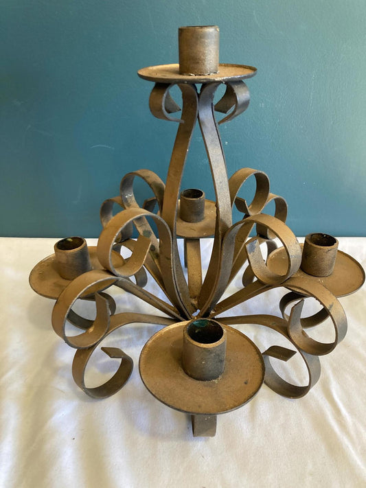 Vintage Gold painted Cast Iron  Scrolled 5 point Candleholder