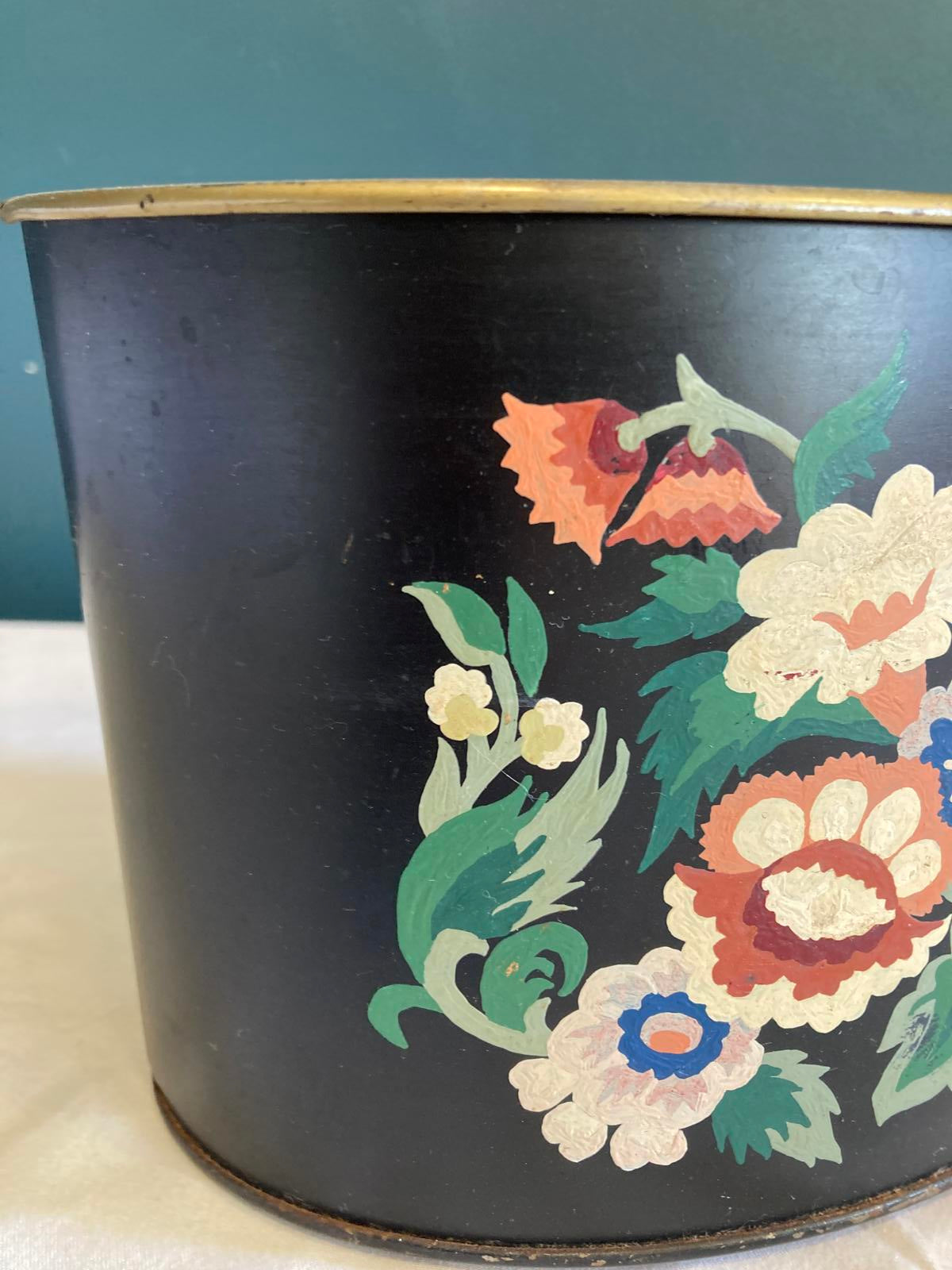 Vintage Toleware Small Oval Peacock Cachepot or Planter