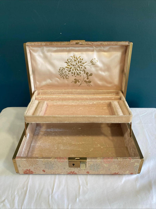 2-Tier Vintage Farrington Jewelry Box | Silk Floral Exterior & Embossed Gold Sides | Vintage Finds