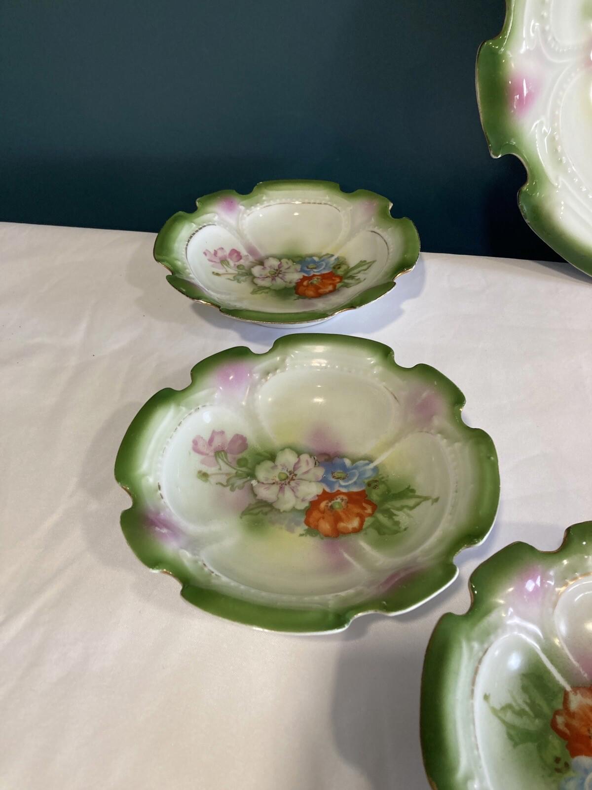 Antique German Porcelain Bowl Set – Green & Floral Scalloped Edge – Set of 7