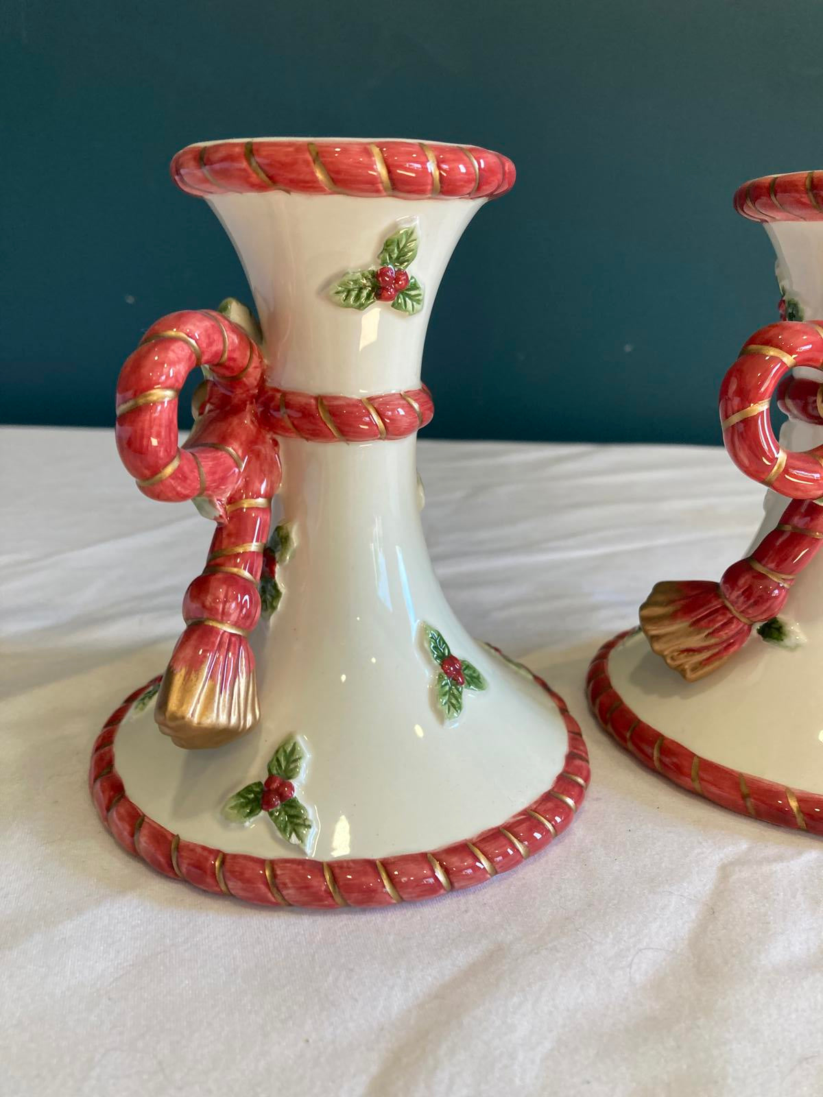 Vintage Fitz & Floyd Christmas Bow Ceramic Candlesticks