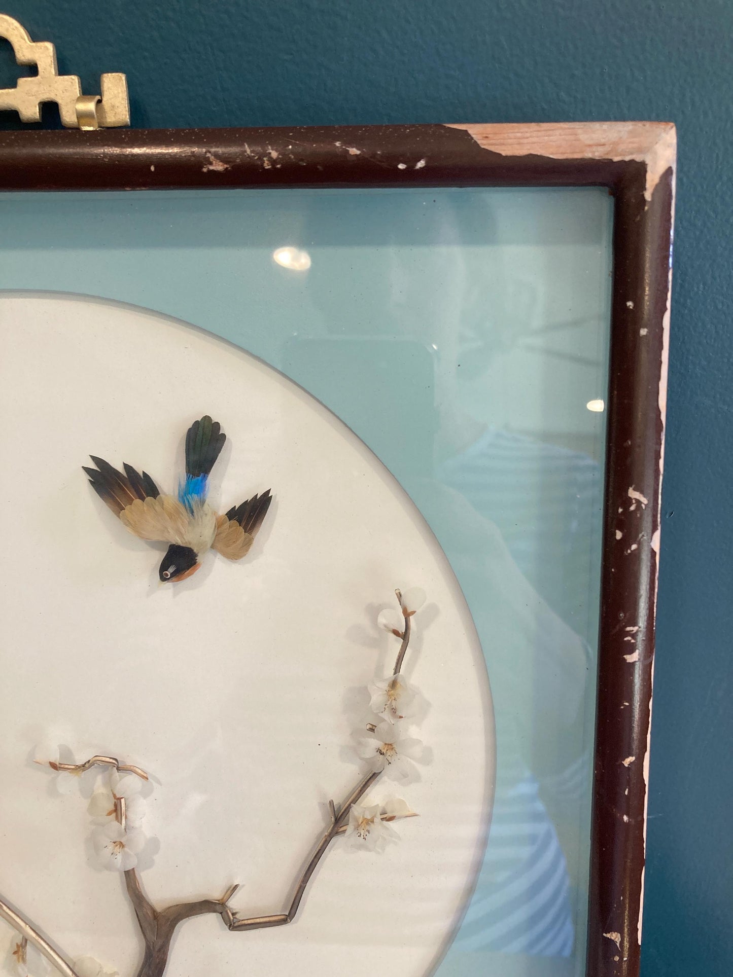 Vintage Chinese 3D Birds Picture Asian Mosaic Feather Art in Shadowbox wood Frame