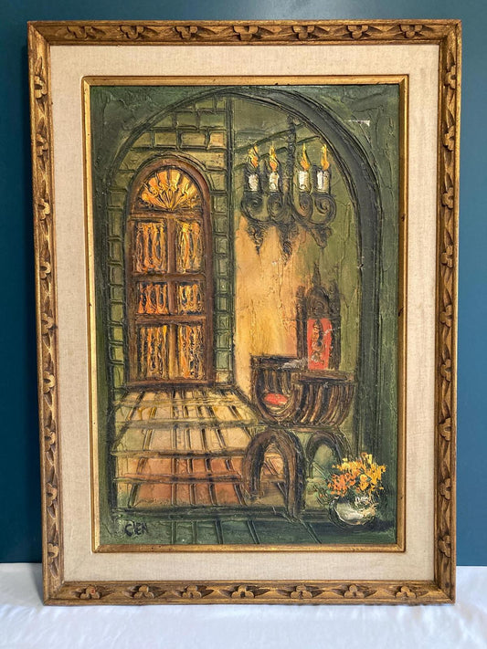 Large Mid-Century Framed Original Gothic Oil Painting by Etta Benjamin Cien