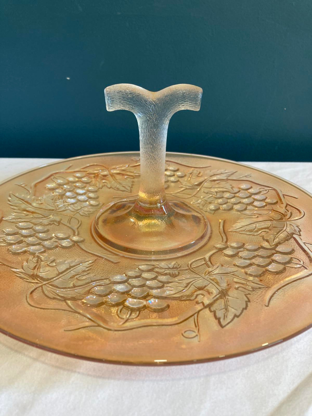 Vintage Amber Glass Cake Stand with Grape Design